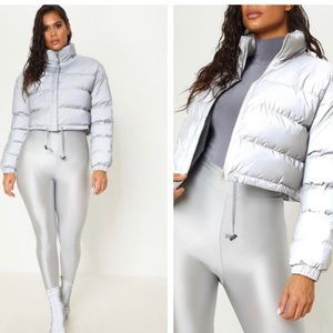 Grey Reflective Cropped Puffer Jacket